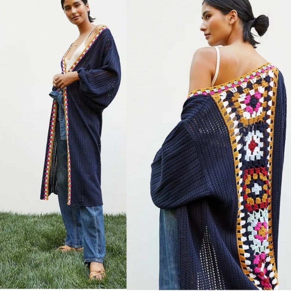 Navy Crochet Long Cardigan